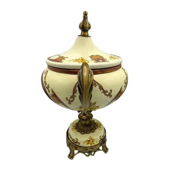 Vintage Ornate Porcelain & Brass Lidded Urn With Floral Motif & Dual Handles - Picture 5 of 11
